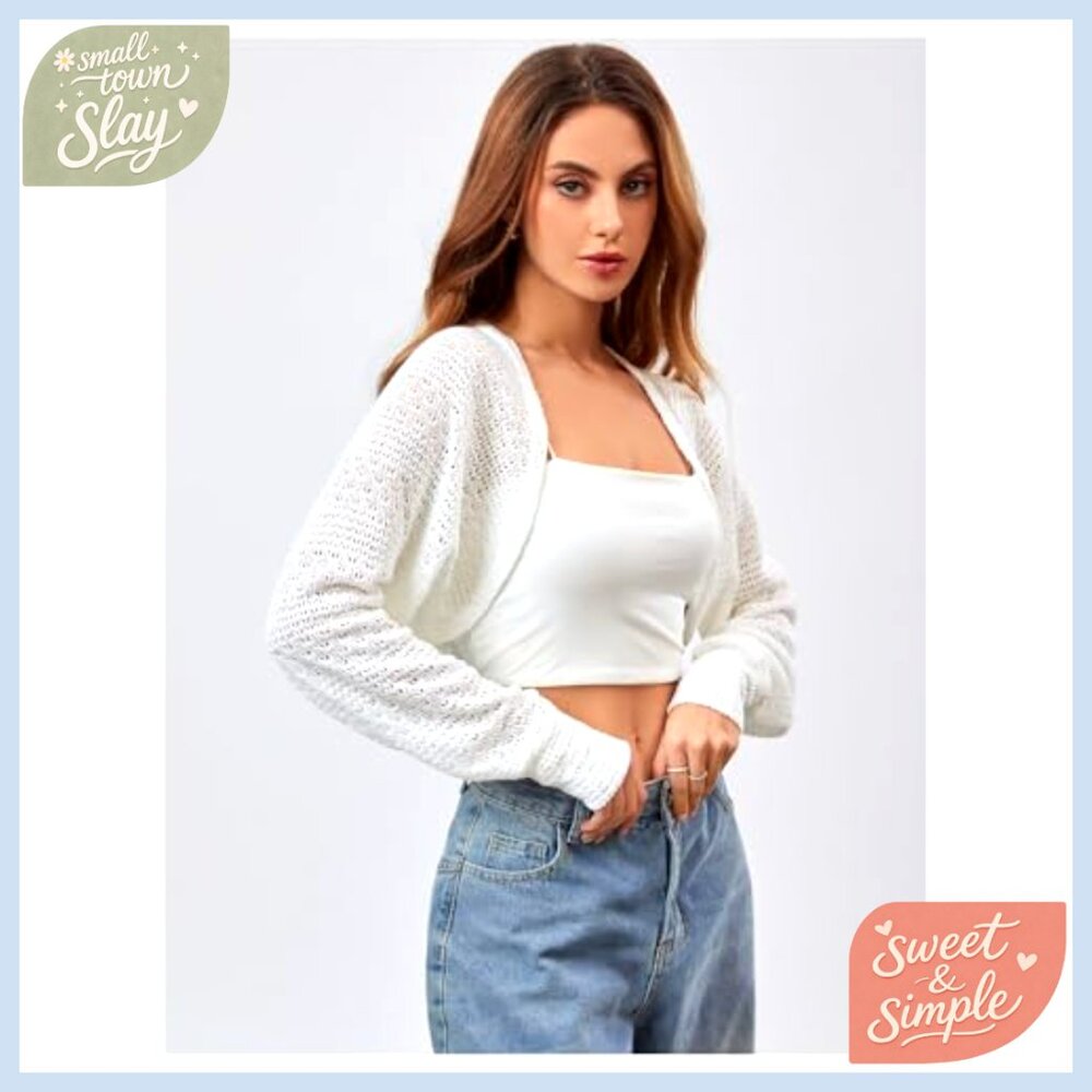 Lightweight Knit Bolero Shrug Open Front Long Sleeve Cropped Cardigan - Picture 5 of 5